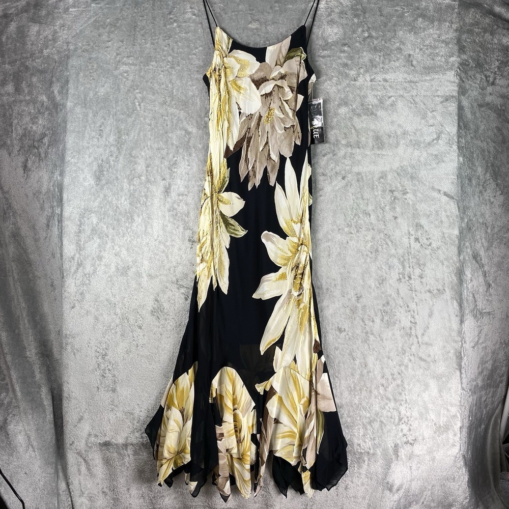 Vtg Eva Blue Dress Womens 6 Maxi Floral Beaded Slip Fairy Handkerchief Hem NWT